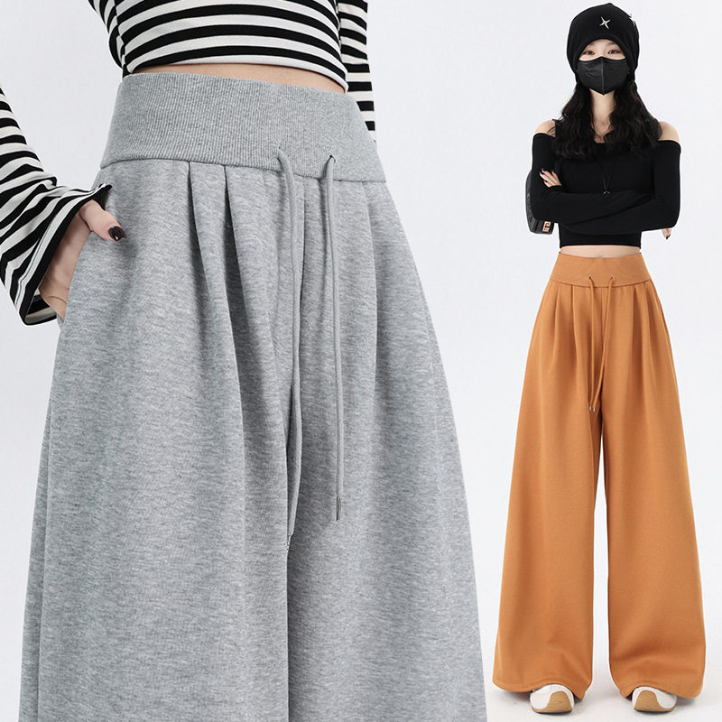 美式运动裤女2026春季新款高腰抽绳垂感休闲阔腿裤宽松两穿裤子潮