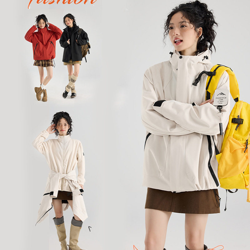 新款防风防水山系户外春秋情侣款连帽软壳冲锋衣夹克登山服冲锋衣
