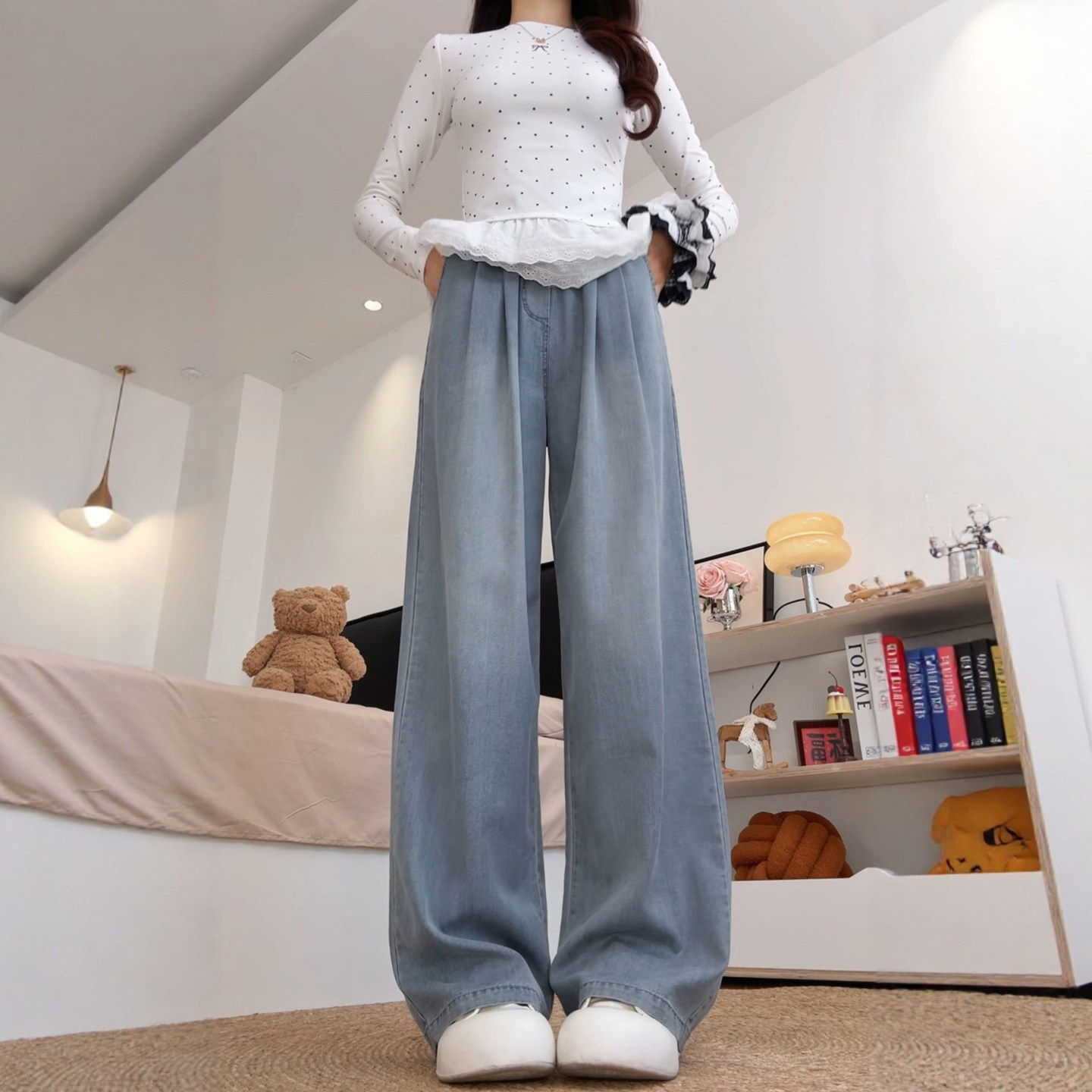 蓝色直筒牛仔裤女2026新款春秋宽松大码胖mm松紧腰小个子阔腿裤子