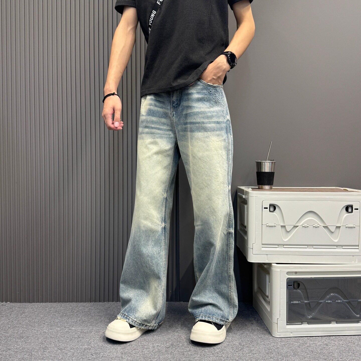 美式闪电纹复古水洗磨白牛仔裤男女宽松直筒阔腿显高显瘦拖地长裤