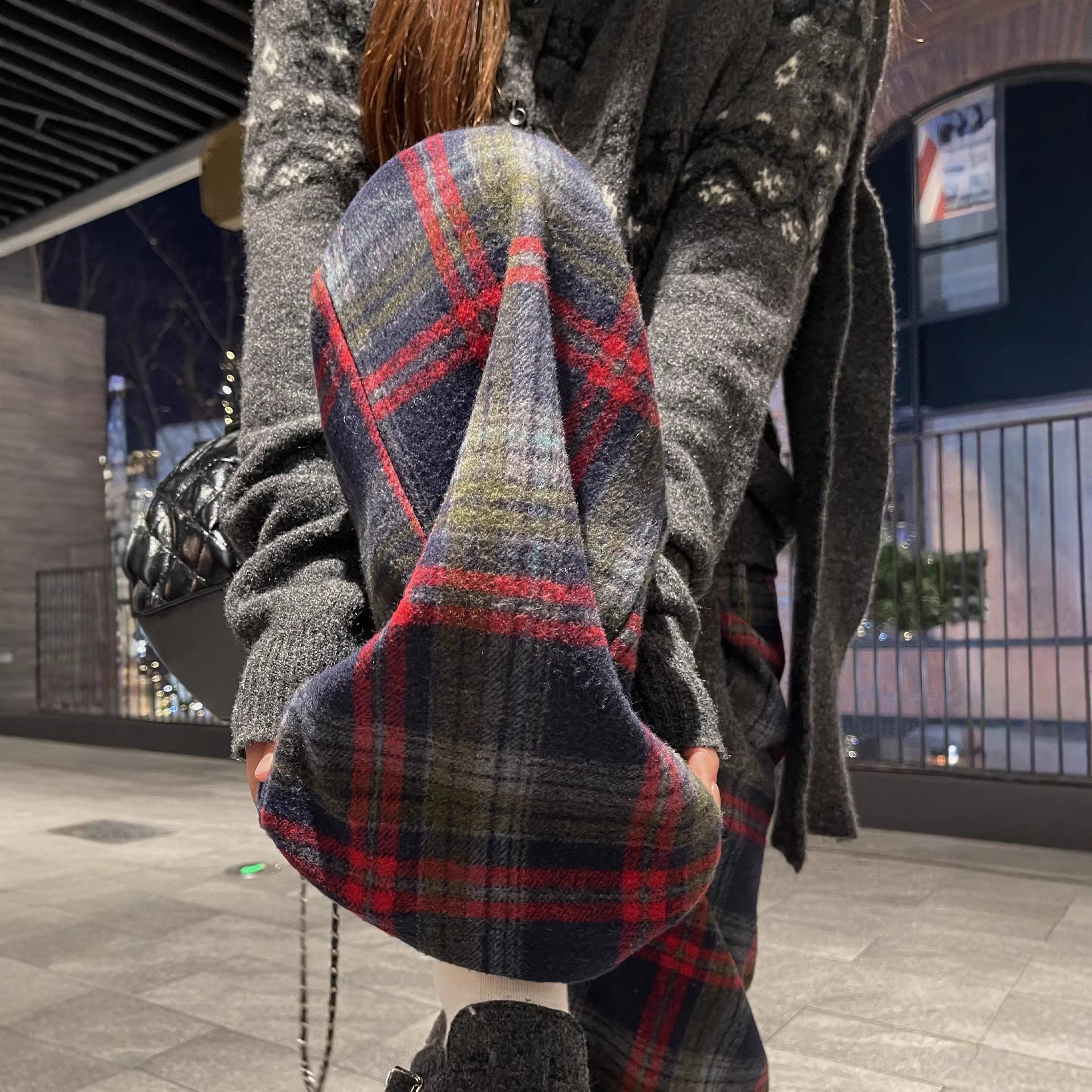 红色毛呢格子裤女冬季2025新款美式加绒直筒裤宽松慵懒风阔腿卫裤