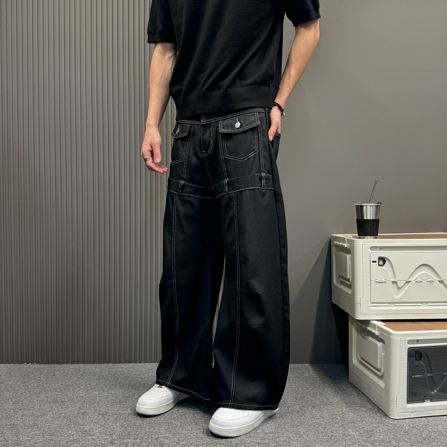 美式复古黑色直筒牛仔裤男女款宽松阔腿裤口袋设计感休闲街头长裤