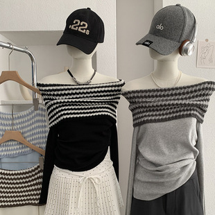 一字领露肩撞色条纹长袖 潮 显瘦针织衫 新品 6541 女2026春季 欧玛莱