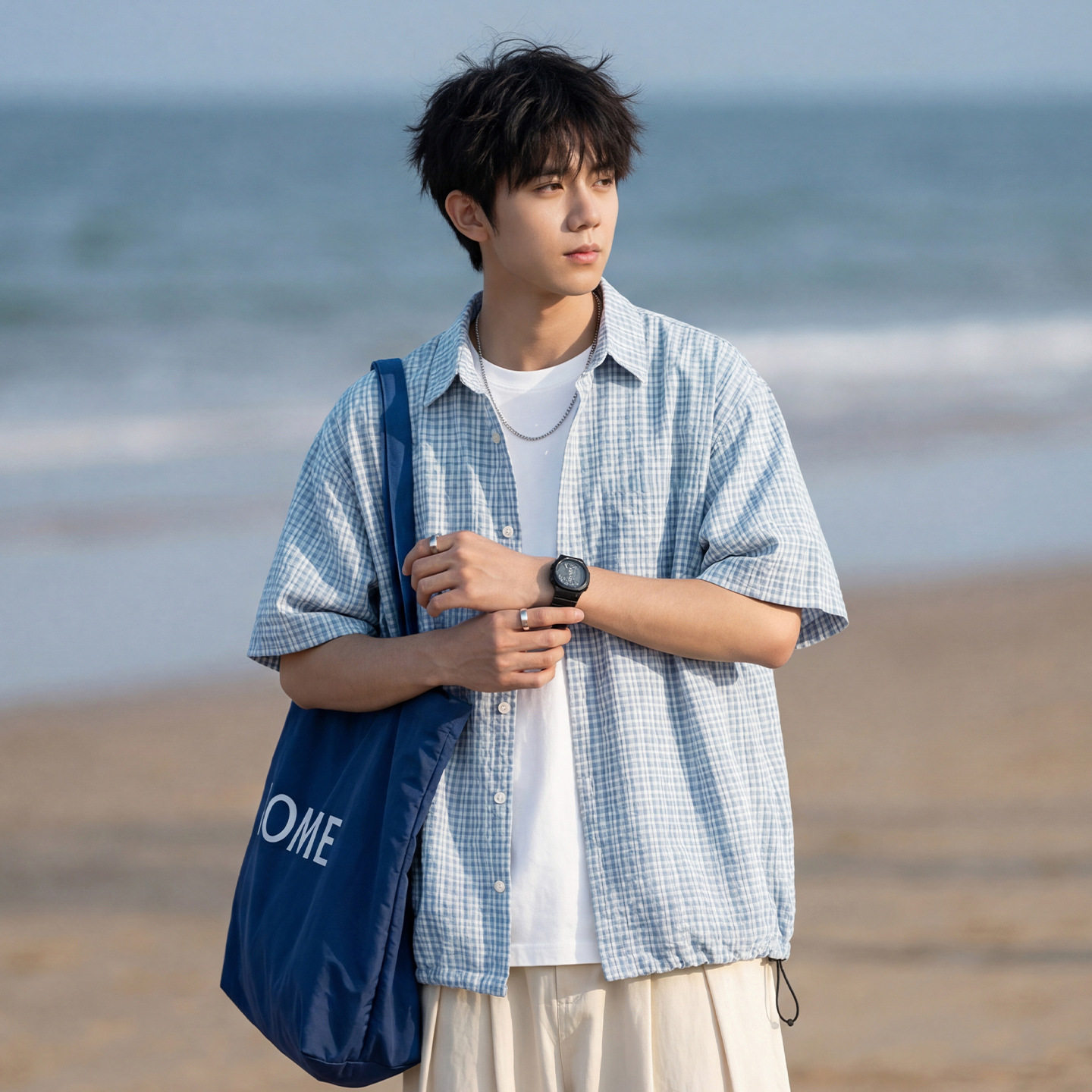 复古老钱风短宽boxy格纹短袖衬衫男夏款下摆可调撞色格子衬衣外套