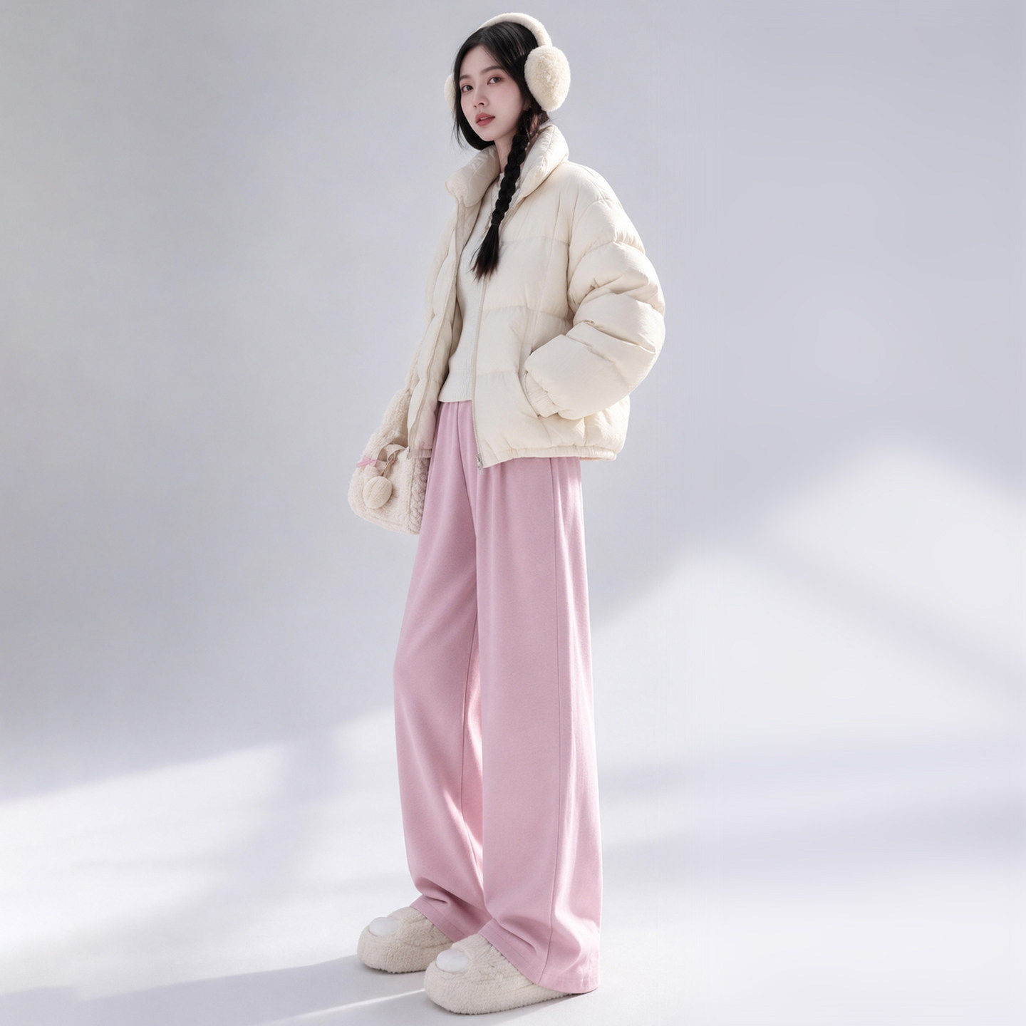 加绒阔腿裤女2026秋冬新款粉色裤子小个子羊羔绒棉裤休闲直筒长裤
