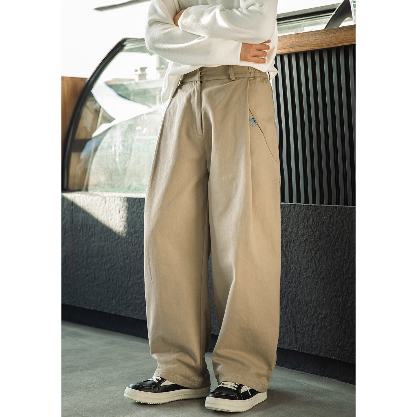 立体打褶结构纯棉休闲裤男春季新款老钱风廓形宽松质感直筒长裤子