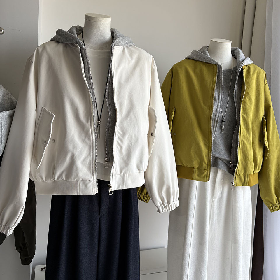 [比正]2026秋冬新品韩系假两件连帽棒球服女宽松拼接休闲夹克7225