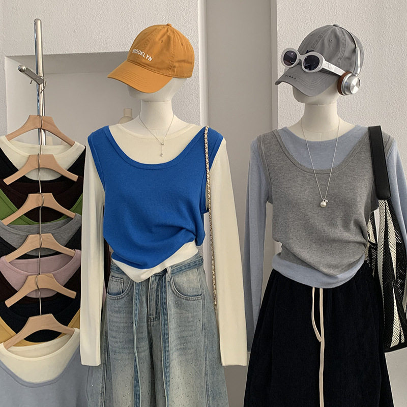 欧玛莱 撞色拼接假两件针织衫女修身显瘦长袖圆领毛衣实拍潮 6368