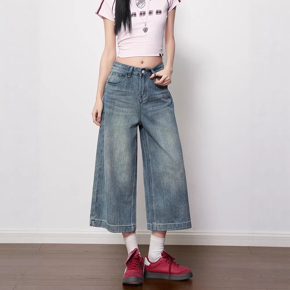 阔腿牛仔八分裤女夏季薄款超火梨型遮跨复古宽松显瘦小个子直筒裤