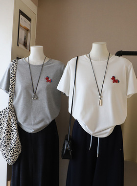 [比正]2026春夏新款韩版圆领简约卡通休闲显瘦百搭短袖T恤女6044