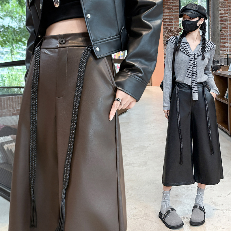 PU皮裤阔腿裤女款2025新款秋冬靴裤高腰直筒小个子七八分宽松裤子