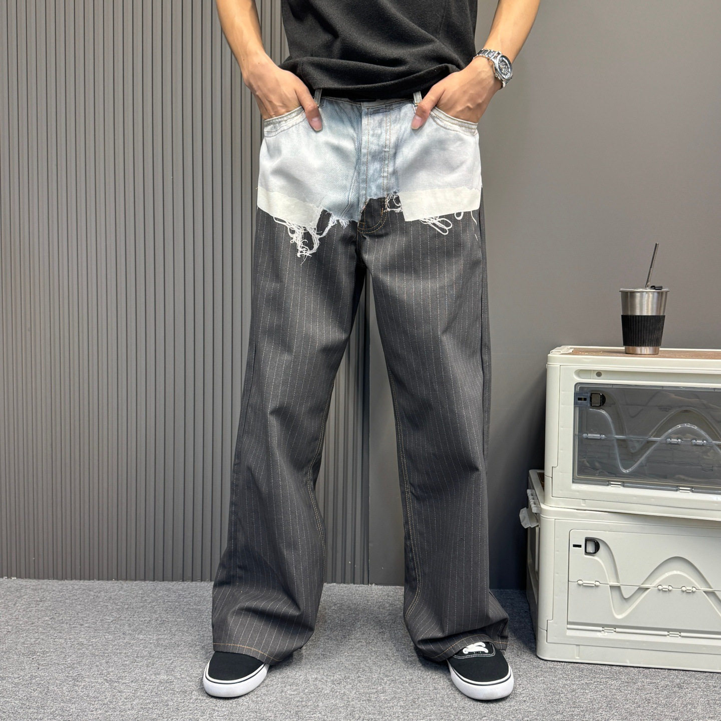 美式复古假两件西装条纹拼接牛仔裤子男女款夏季新款3D打印拖地裤