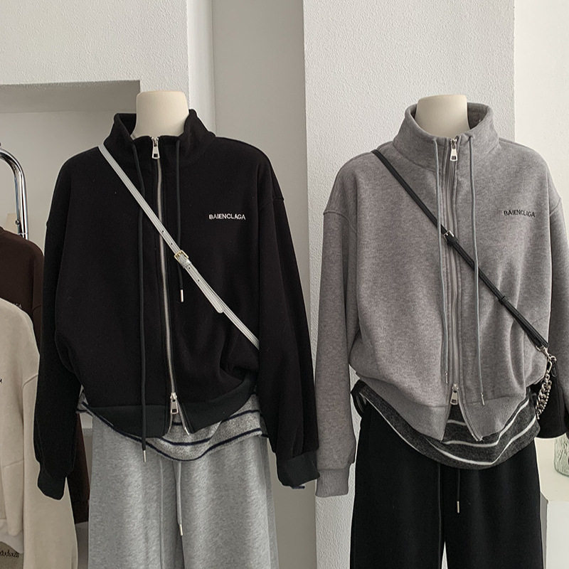 欧玛莱 字母刺绣拉链式卫衣外套加绒加厚宽松立领长袖上衣女 5537