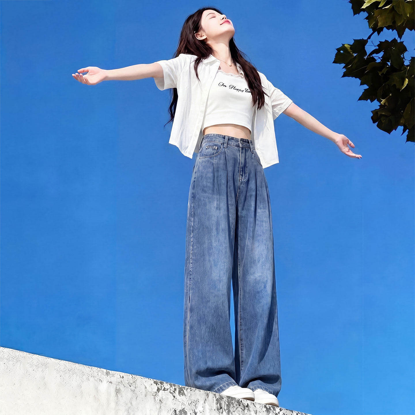 蓝色天丝牛仔裤女裤子夏季薄款高腰垂感小个子窄版直筒冰丝阔腿裤