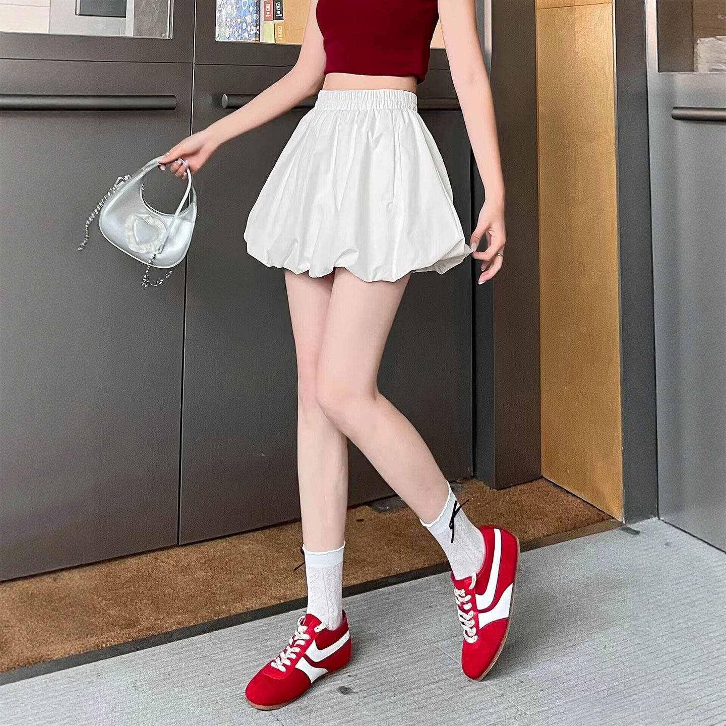 白色花苞短裙女夏季2026新款a字高腰裙裤百褶大码蓬蓬显瘦半身裙