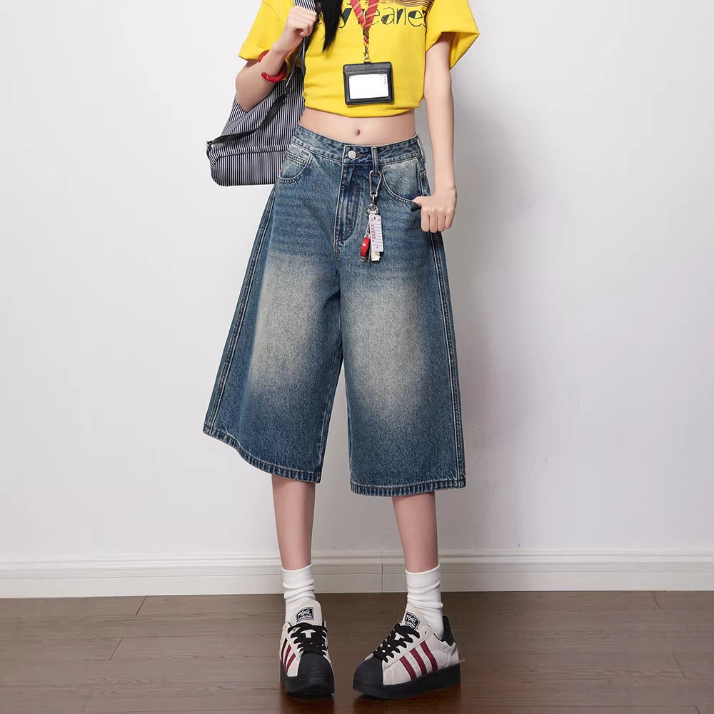 复古蓝七分牛仔裤女2026年春夏新款做旧磨白设计宽松休闲阔腿裤子