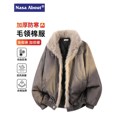 NASA座山雕皮毛一体羽绒棉衣男款2025冬季美式潮牌解构设计感棉服