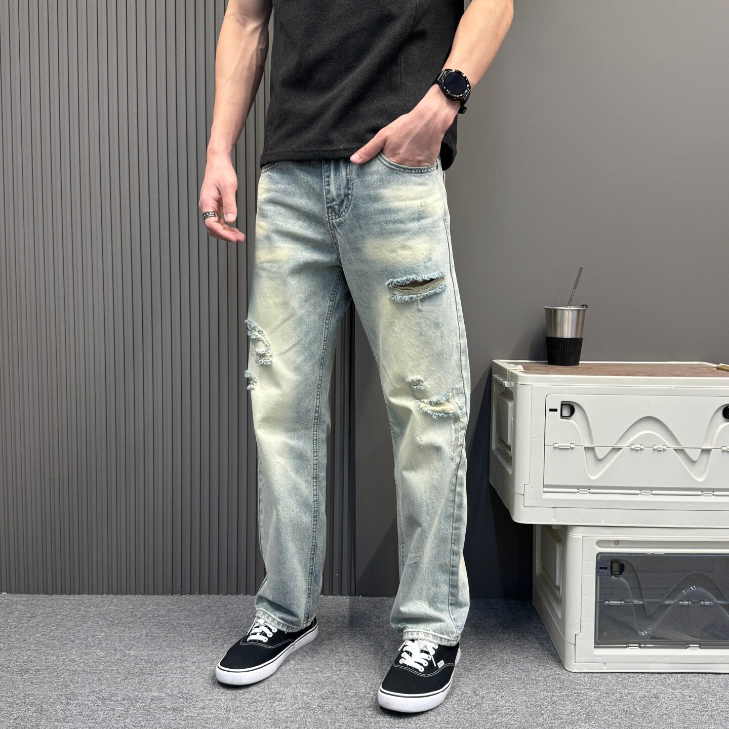 美式复古牛仔裤男破洞2026春夏季新款美式休闲直筒刮烂阔腿长裤子
