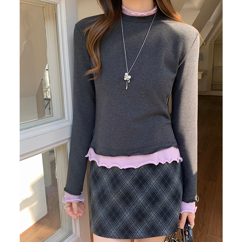 实拍实价#假两件毛绒内搭打底衫2026新款木耳边修身正肩长袖T恤女