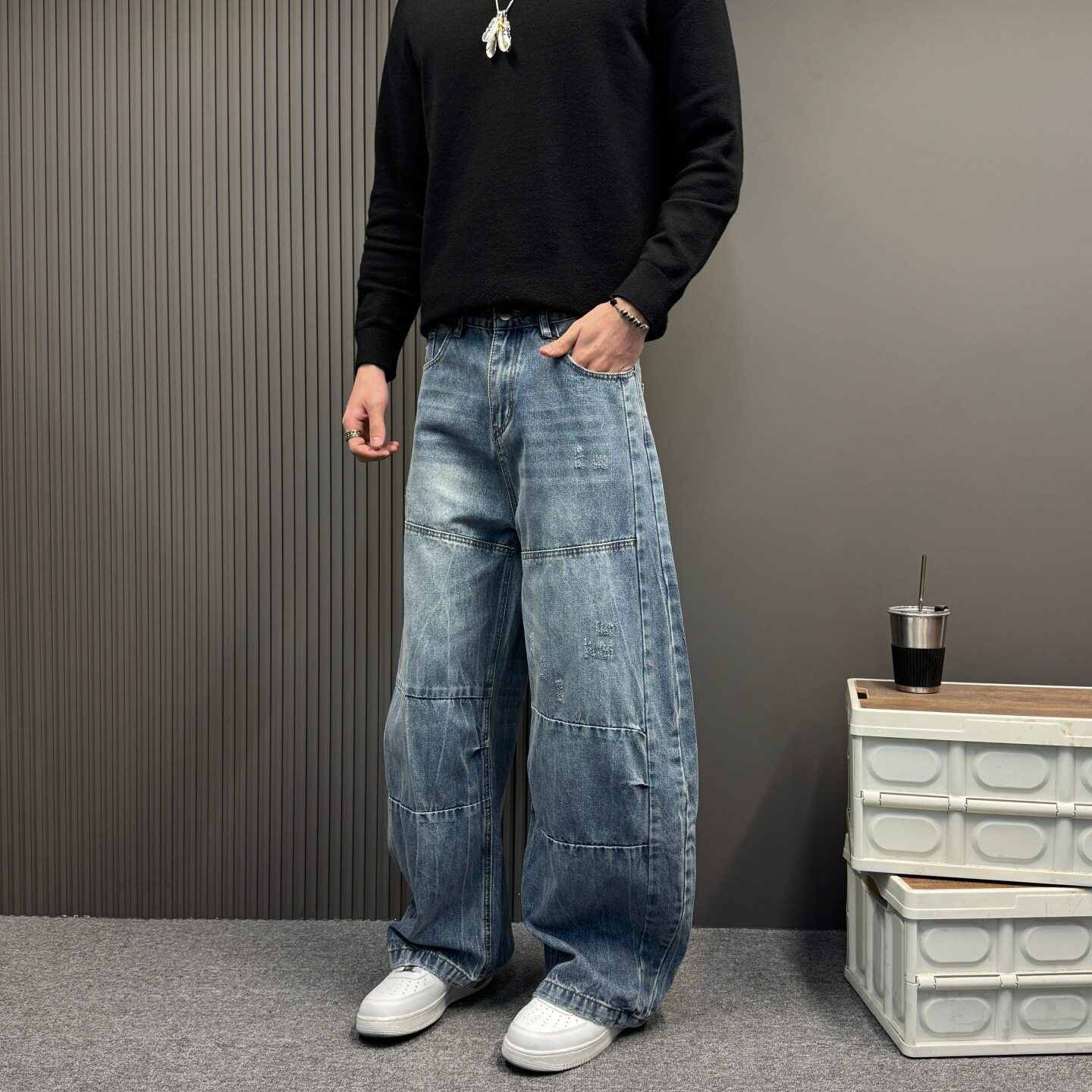 美式复古水洗做旧牛仔裤男女同款宽松直筒阔腿拖地弯刀裤情侣款潮