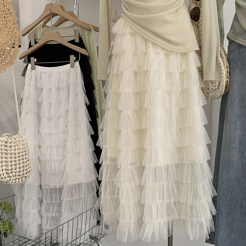 欧玛莱 韩版烫钻网纱裙蛋糕裙仙气蓬蓬长裙A字半身裙女装实拍6741