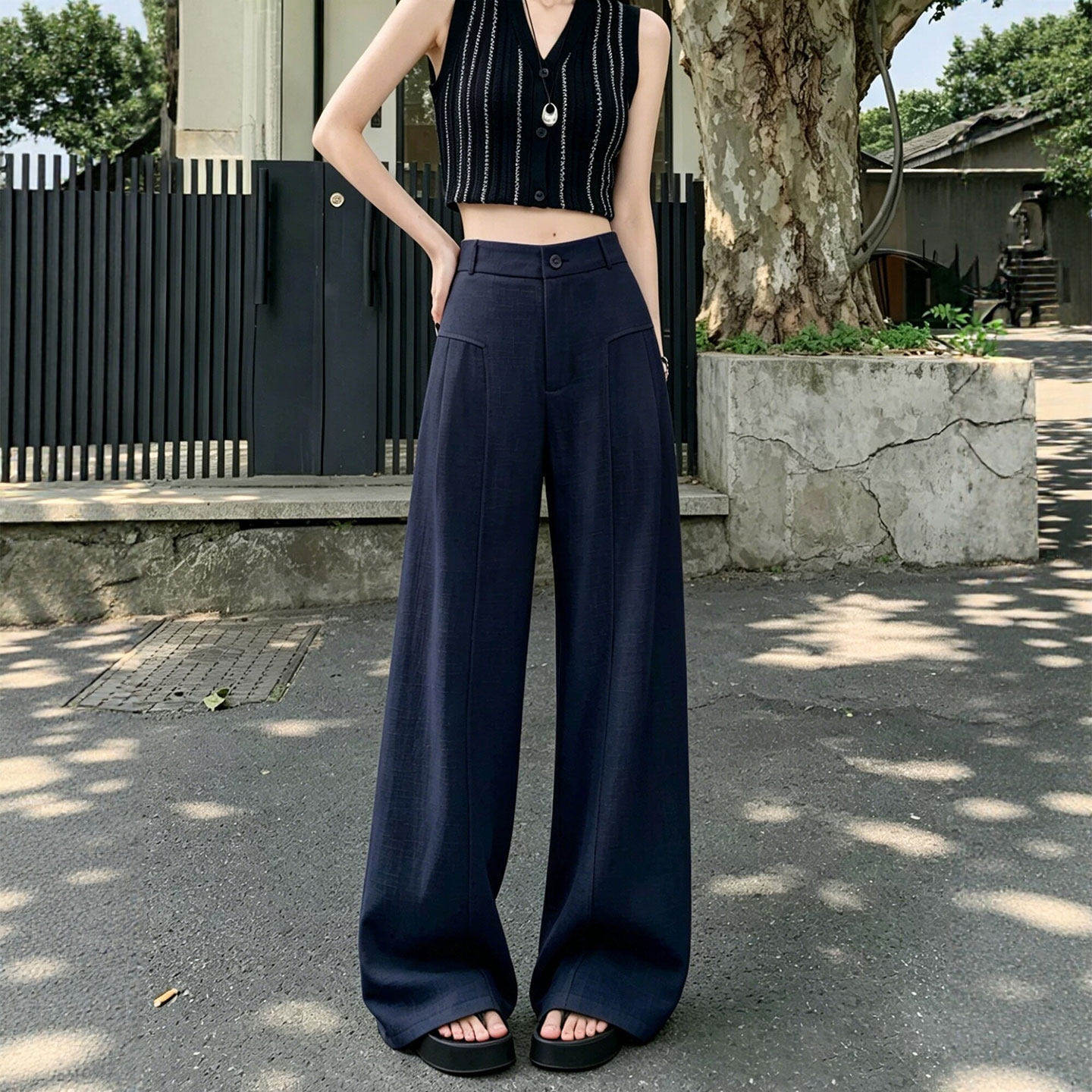 老钱风天丝亚麻裤子女夏薄款垂感藏青色棉麻高级感垂感西装阔腿裤