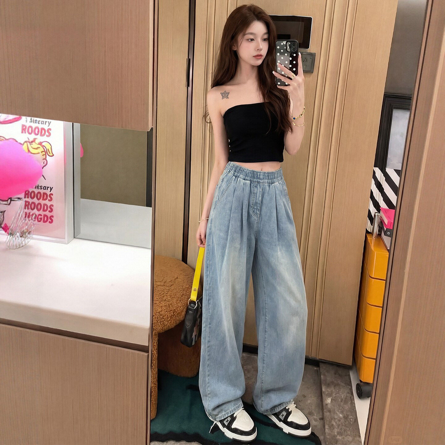 天丝牛仔裤女夏季薄款宽松大码胖mm松紧腰小个子休闲冰丝阔腿裤子