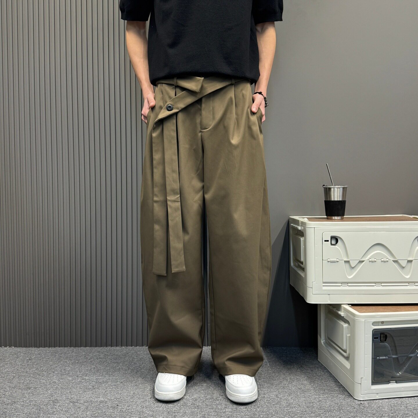 简约痞帅高街长裤美式复古垂坠感黑色弯刀西装裤男女宽松阔腿裤子