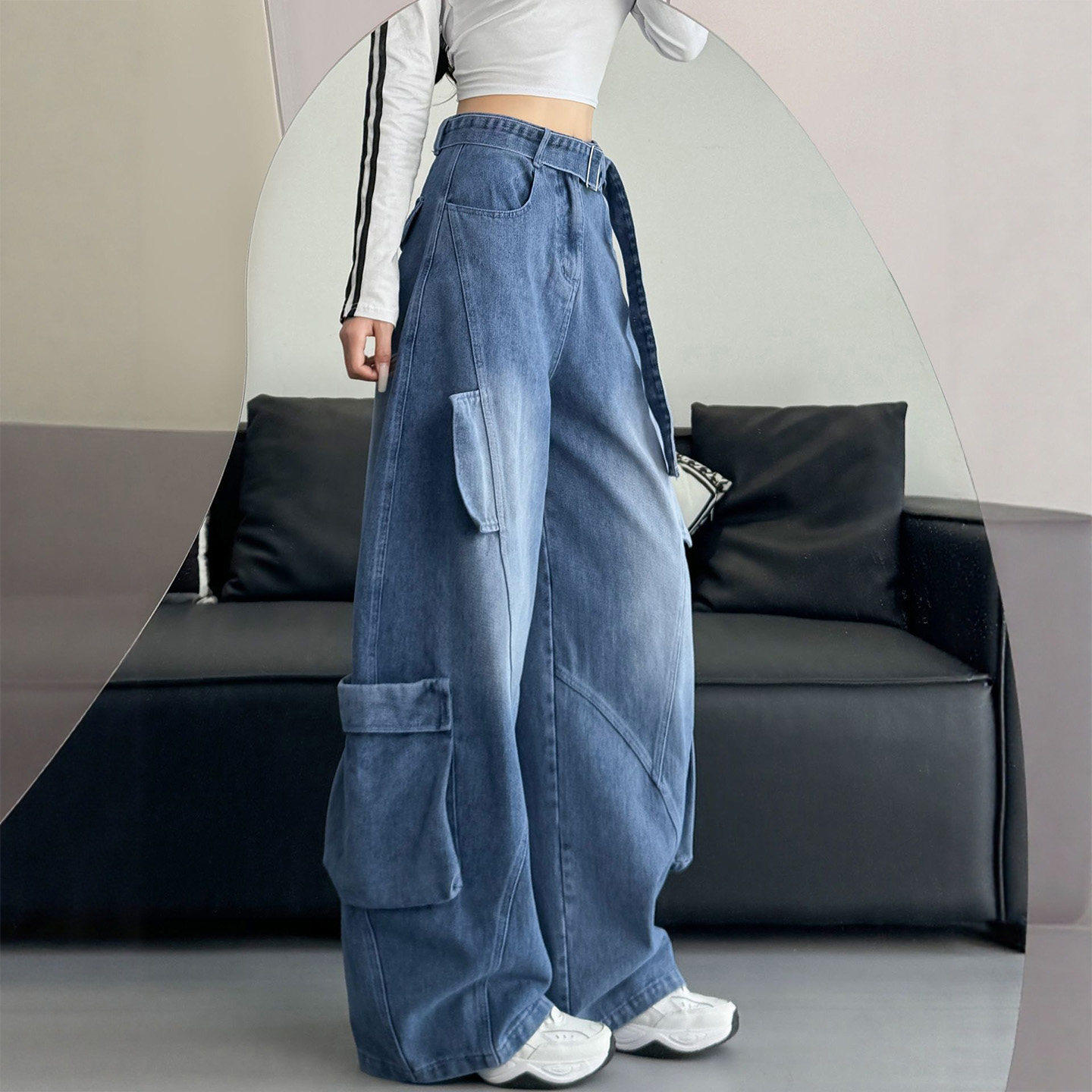 工装牛仔裤女秋冬季新款复古胖mm大码宽松显瘦梨形报恩弯刀阔腿裤,女装/女士精品,牛仔裤,淘宝优惠券,粉丝福利购,淘宝优惠卷