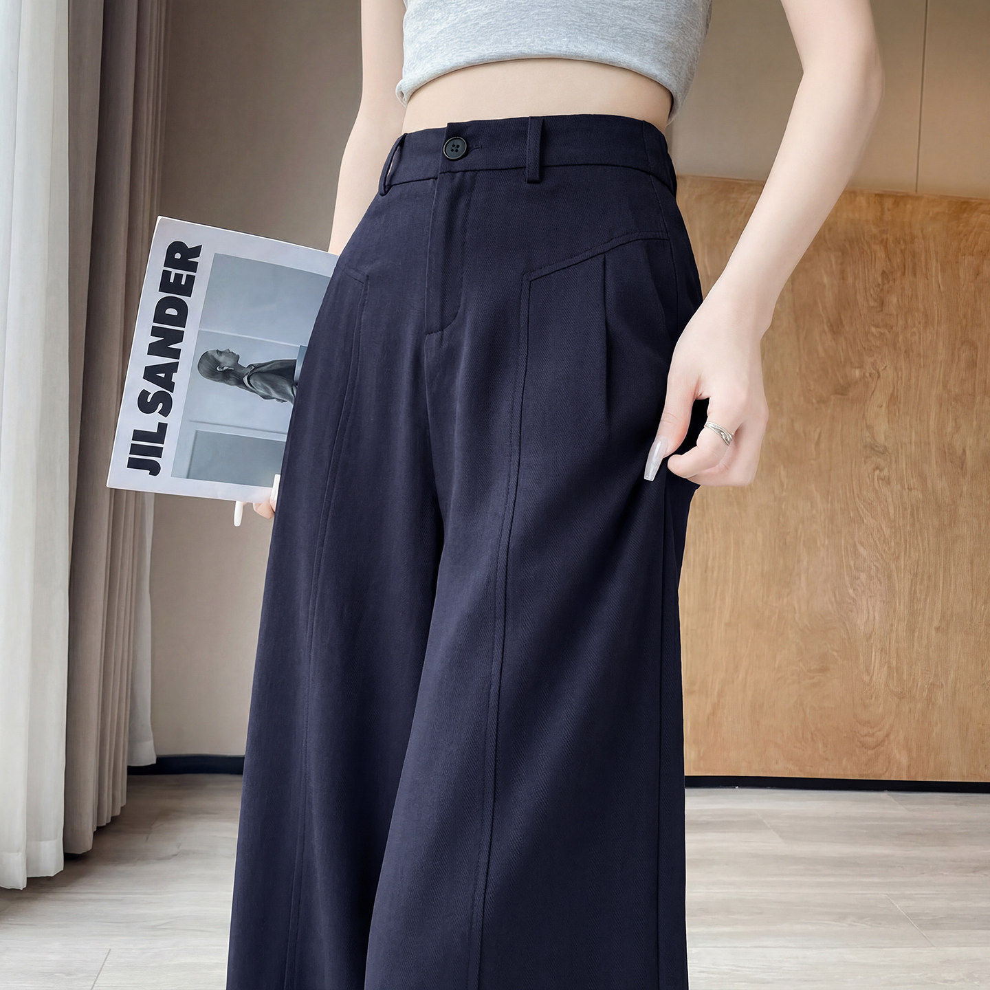 藏青色亚麻阔腿裤女夏季薄款高级感垂感西装裤宽松休闲棉麻直筒裤