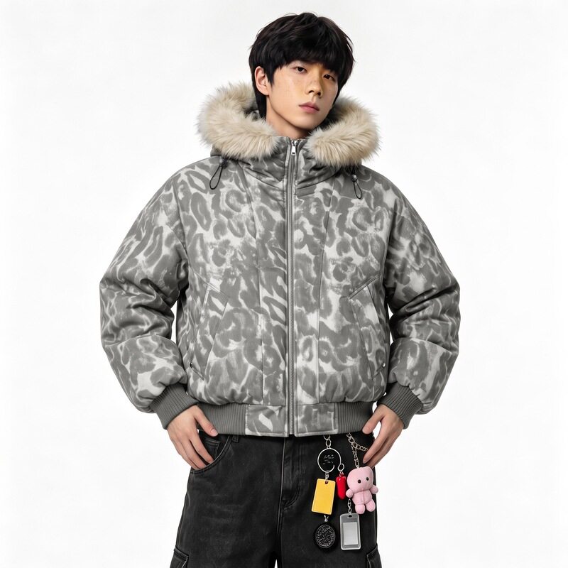 男女同款豹纹百搭座山雕连帽毛领情侣面包服耐磨满印宽松保暖御寒