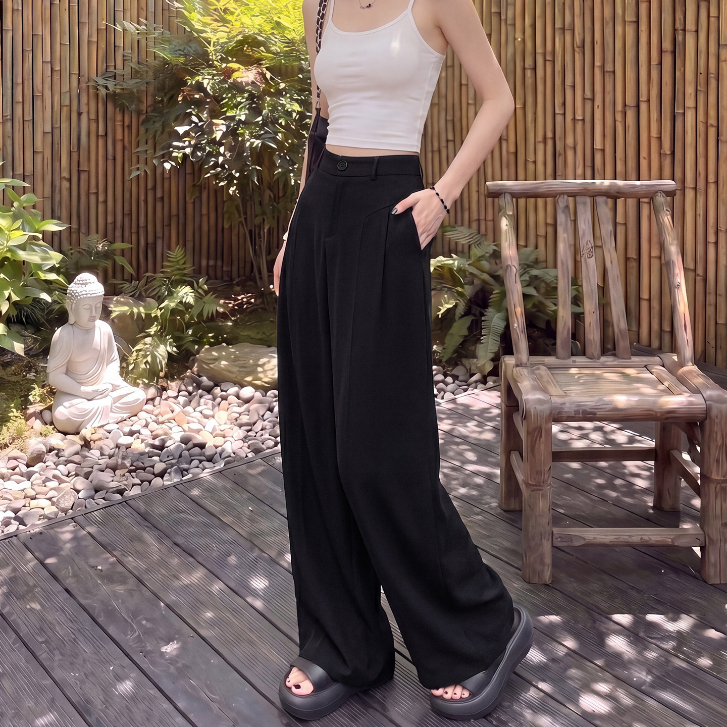 黑色亚麻阔腿裤女夏季薄款2026新款高级感垂感高腰直筒休闲西装裤