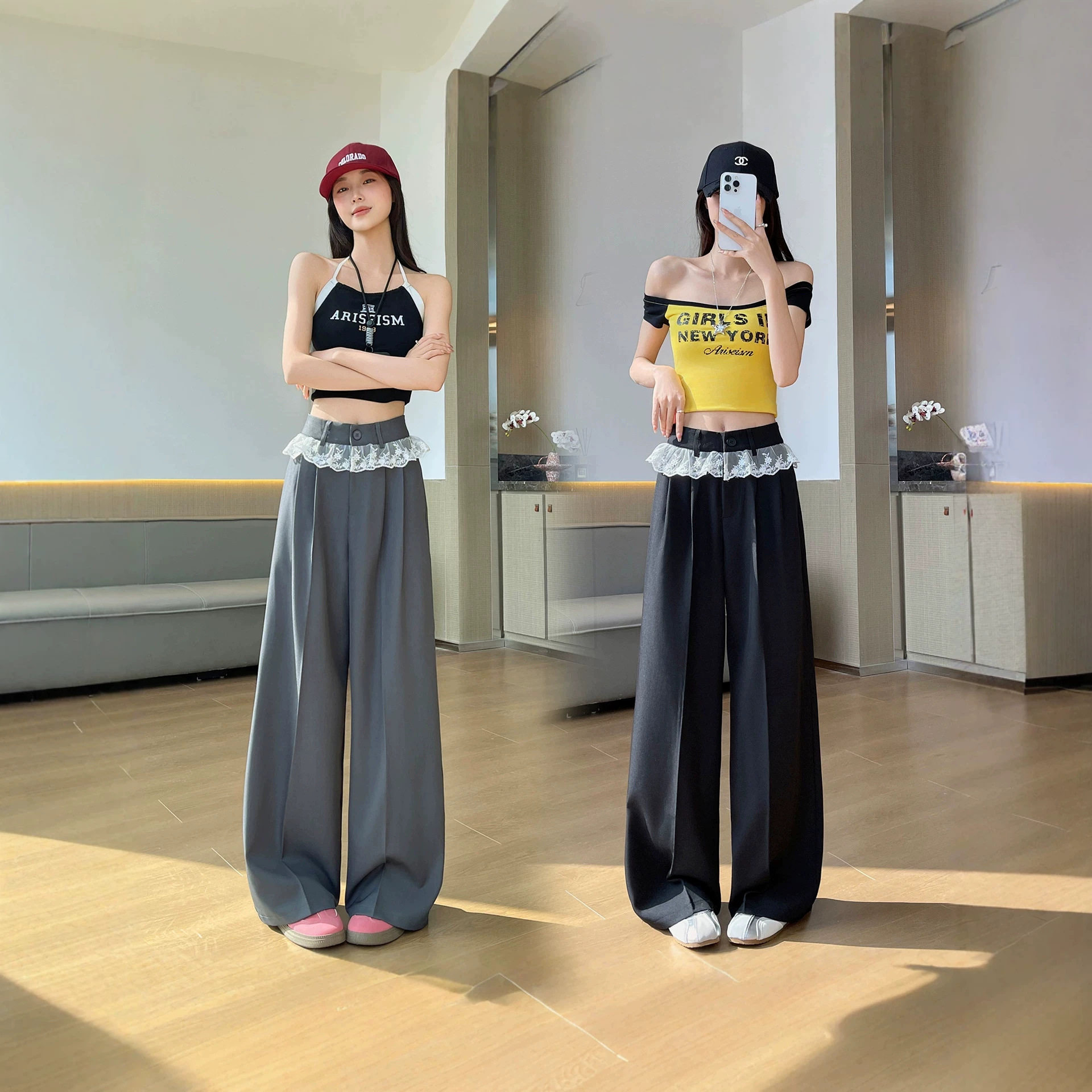 灰色西装阔腿裤女秋季新款宽松直筒设计感蕾丝花边拼接高腰裤垂感