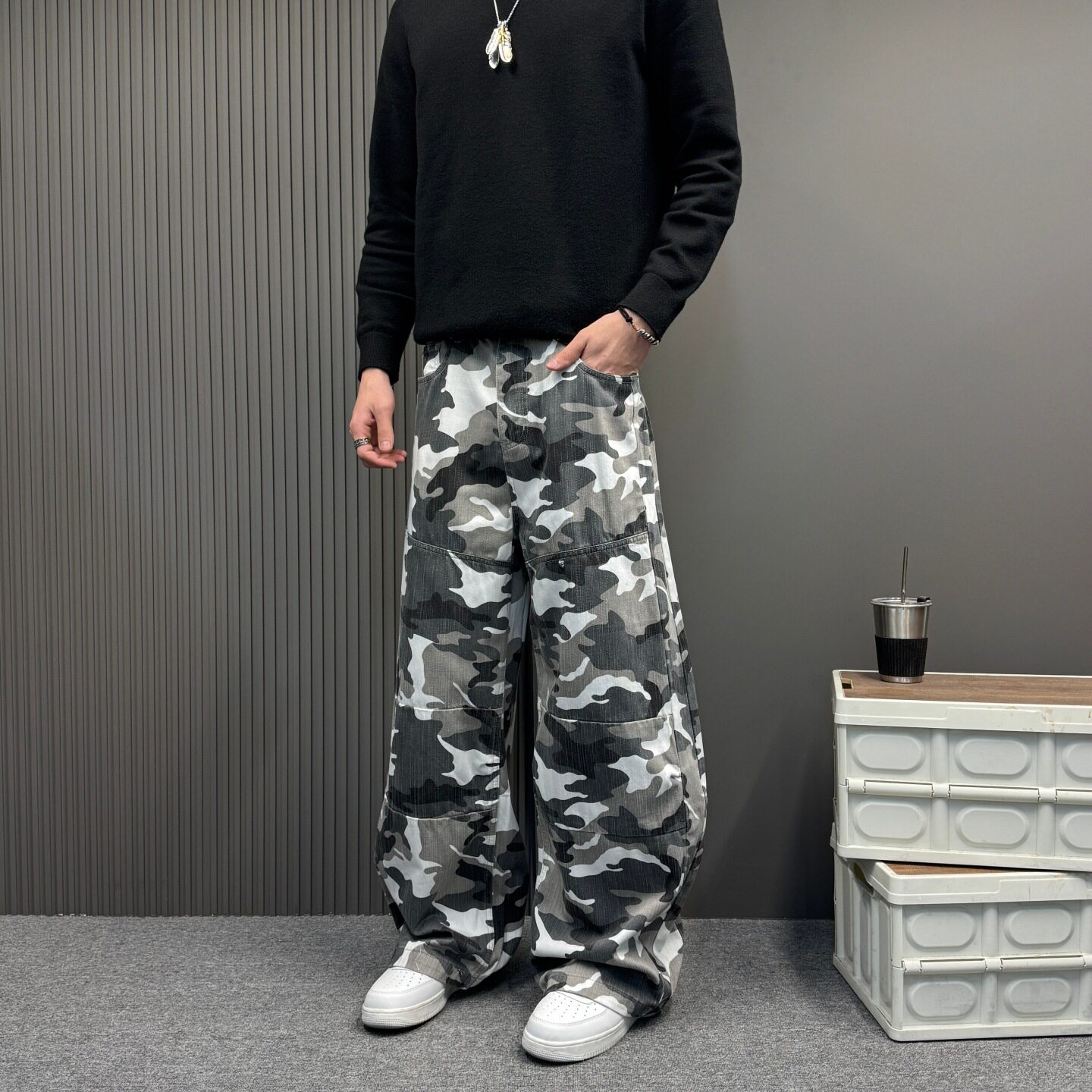 美式复古竹节迷彩弯刀牛仔裤男女中性宽松休闲镰刀阔腿裤工装裤子