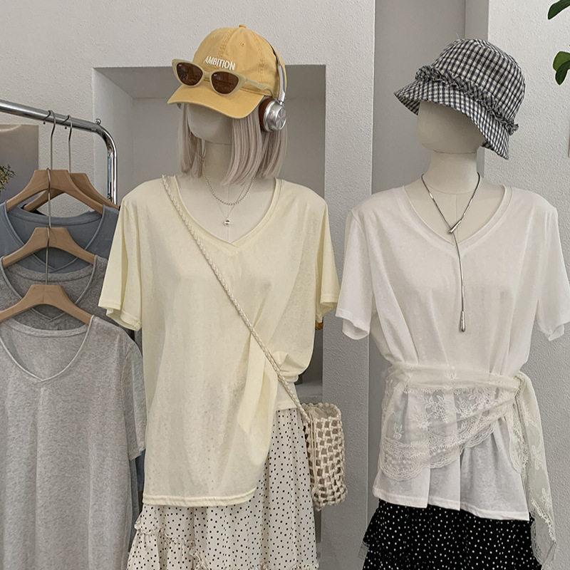 欧玛莱 薄款微透V领纯色短袖宽松中长款T恤女春夏季休闲上衣 6811