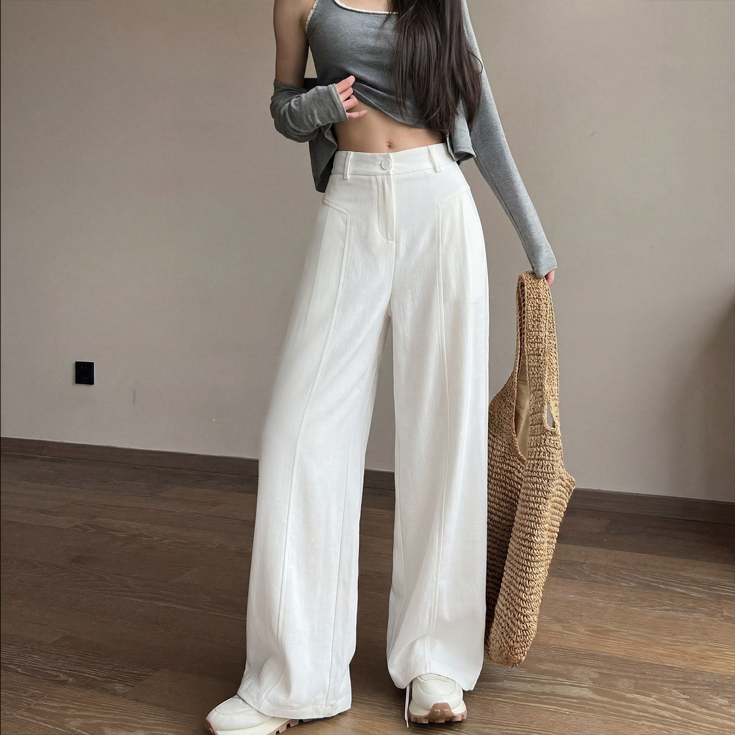 白色亚麻阔腿裤女2026夏季薄款高个子加长老钱风西装直筒棉麻休闲