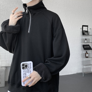 奶黄色无帽半拉链卫衣男秋季潮流大码立领上衣百搭设计感套头外套