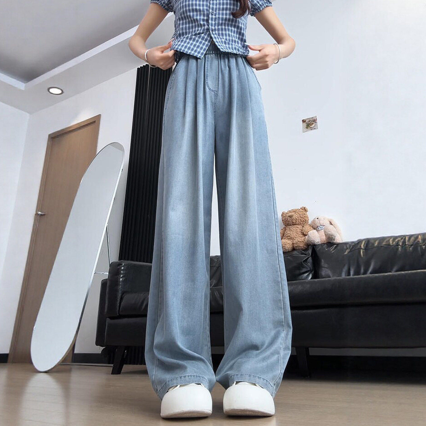 天丝牛仔裤女夏季薄款小个子胖mm大码松紧腰直筒宽松冰丝阔腿裤子