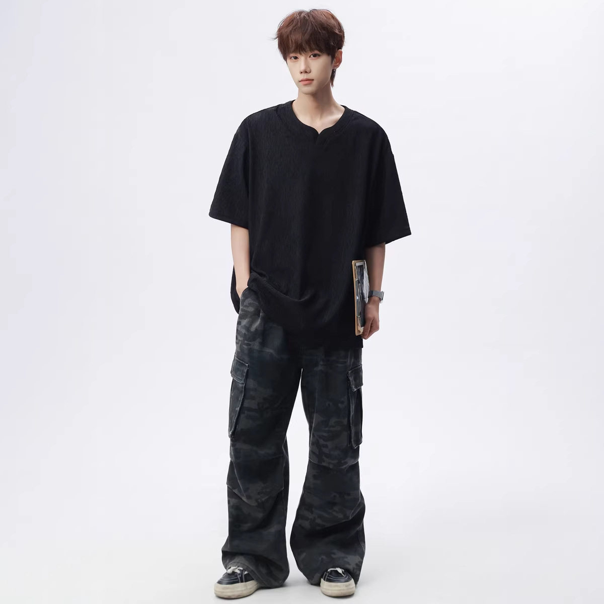 重磅美式高街风潮牌短袖男夏季新款百搭情侣印花半袖恤浅灰色棉