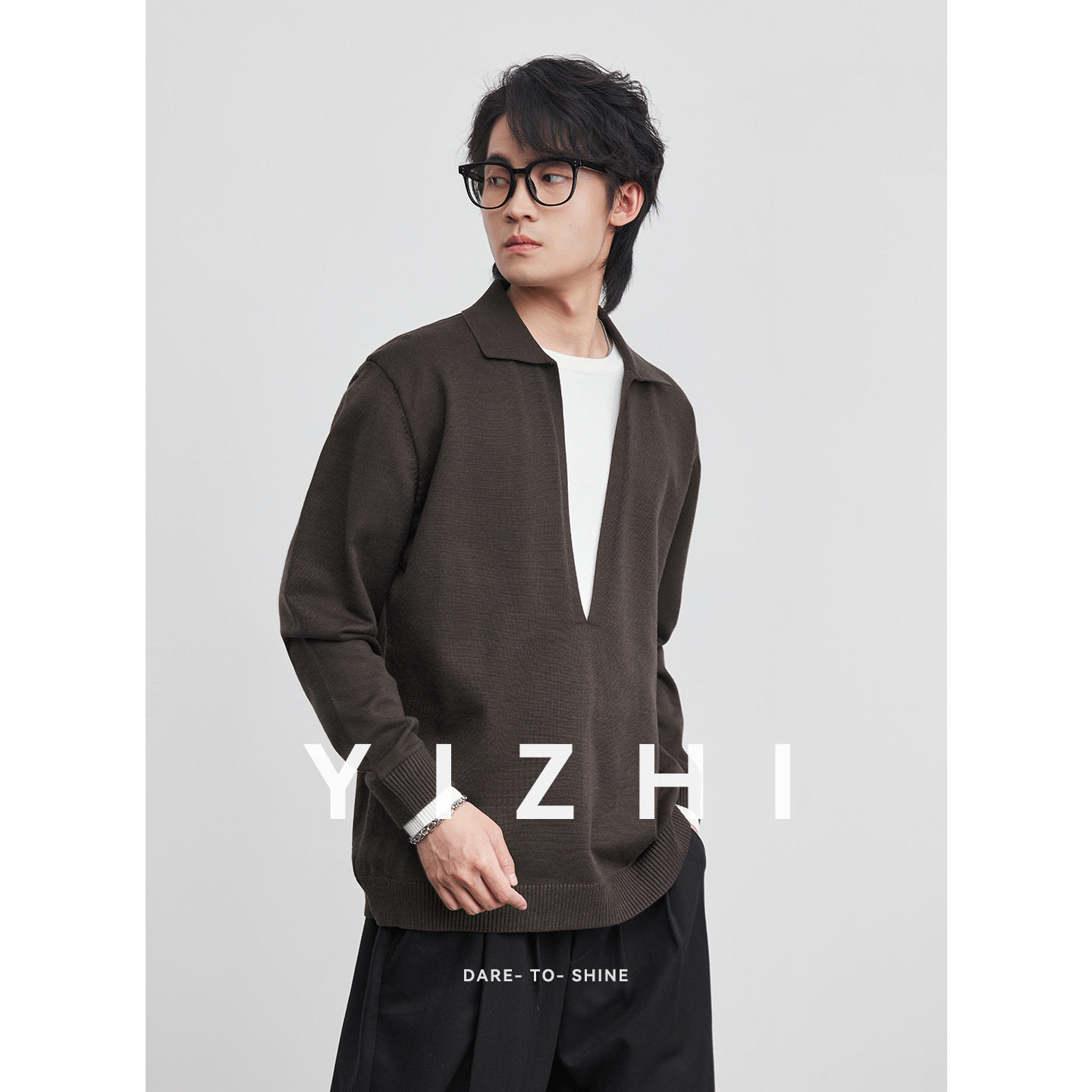 亦止时尚简约假两件翻领针织衫男春秋季2026新款设计薄款毛衣上衣