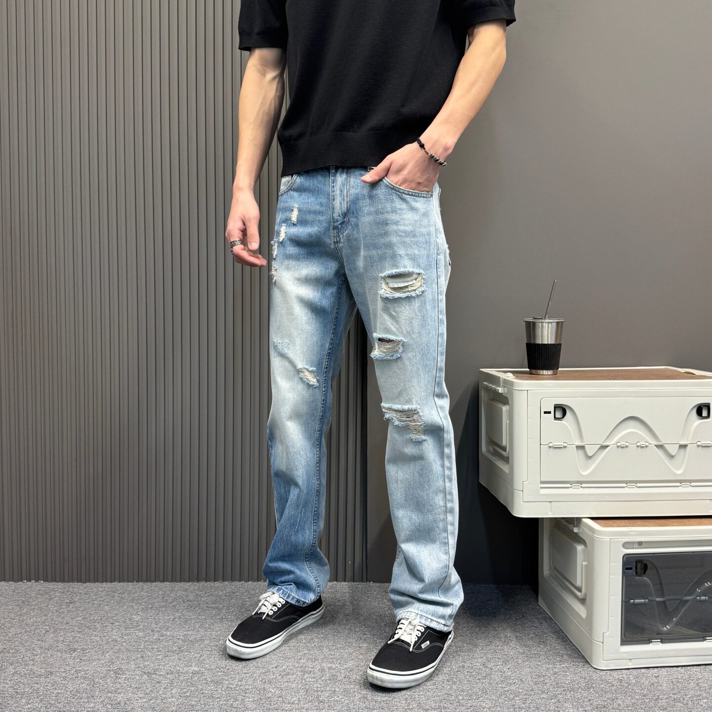 浅色破洞美式复古水洗做旧牛仔裤男宽松直筒裤潮流阔腿裤休闲长裤