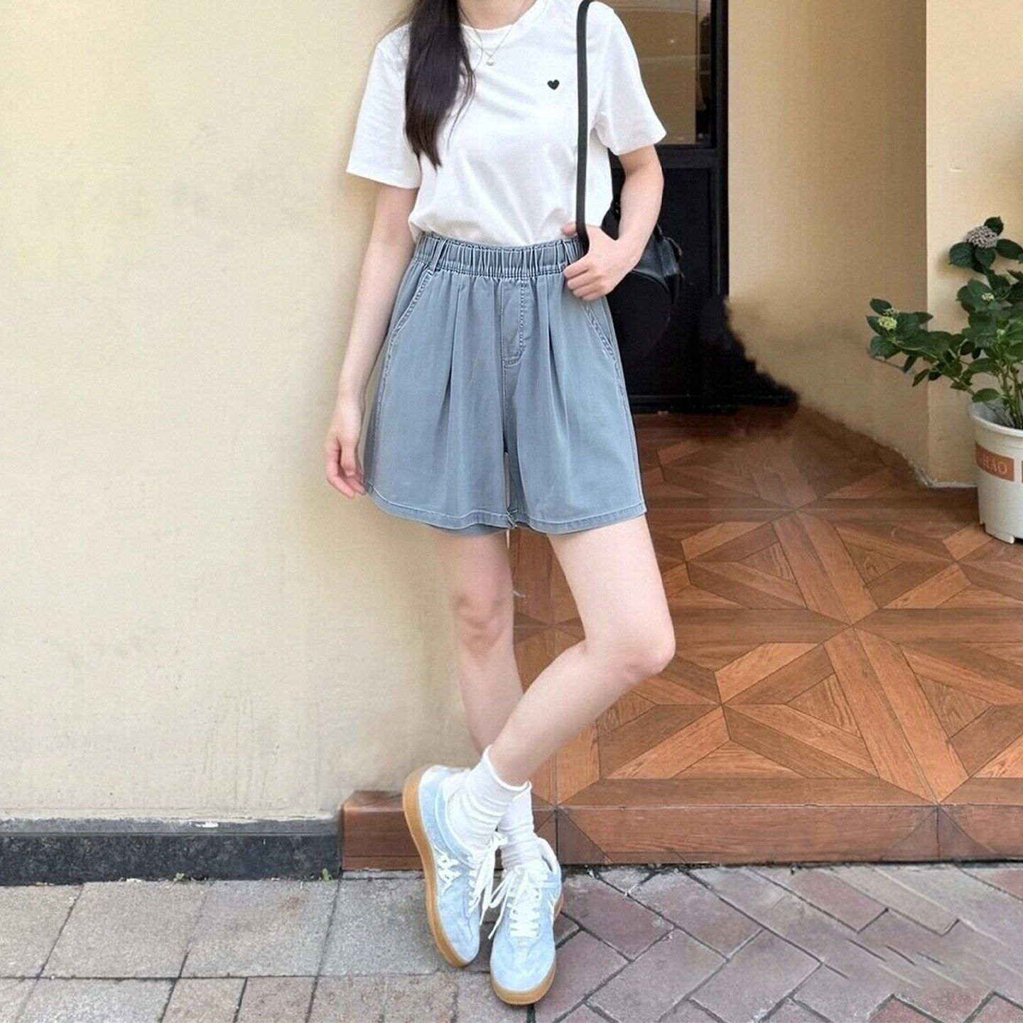 蓝色冰丝牛仔短裤女2026新款夏季薄款直筒宽松小个子高腰五分中裤