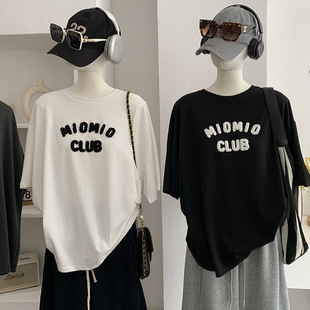 T恤上衣春季 欧玛莱 中长款 短袖 女6049 立体字母毛巾绣圆领宽松大码