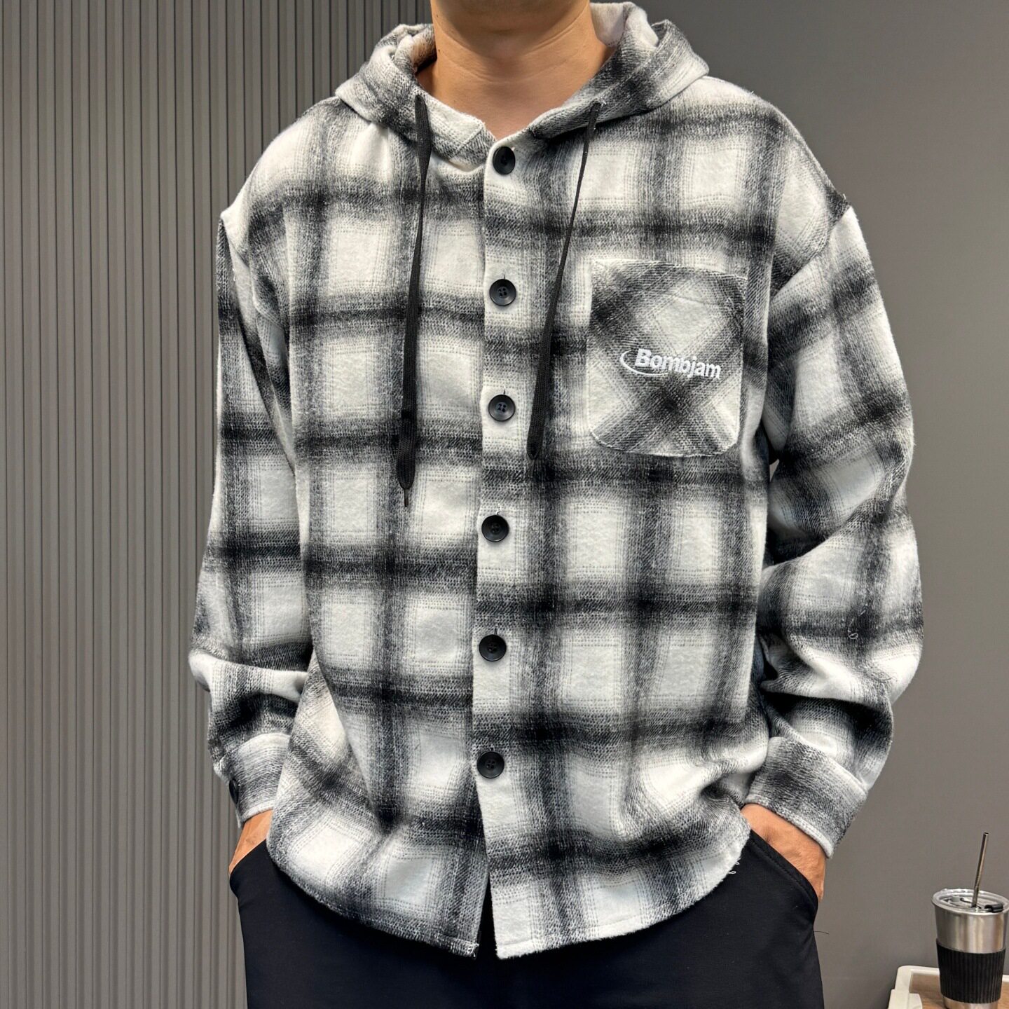 港味文艺范格子连帽衬衫外套男女同款秋季慵懒风中长款休闲上衣潮