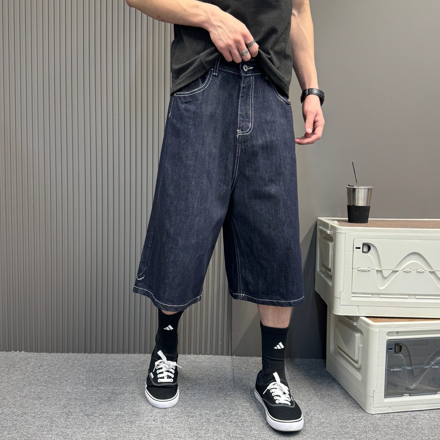 美式潮牌复古高街七分牛仔裤男生痞帅春季薄款百搭休闲直筒阔腿裤