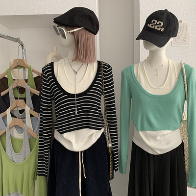 欧玛莱 撞色挂脖假两件针织衫毛衣打底修身长袖设计感上衣女 6526