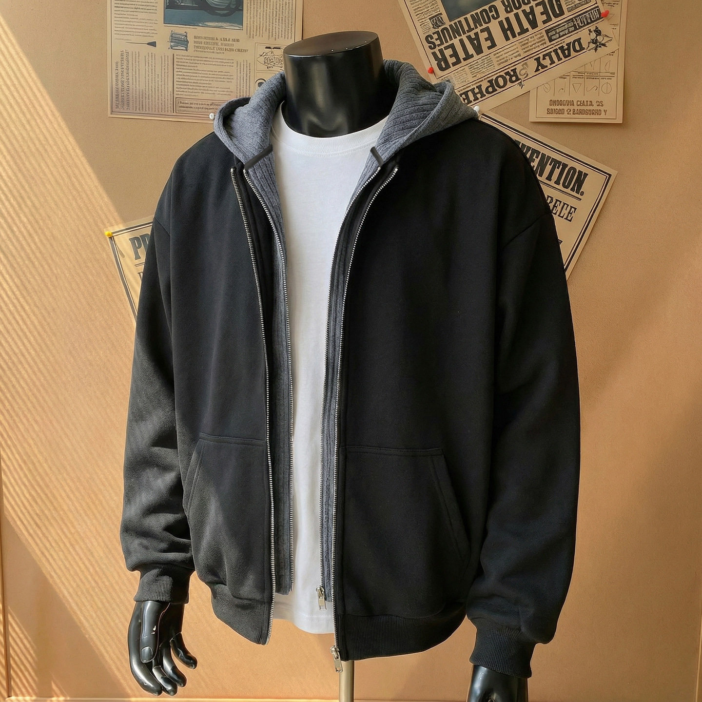 撞色连帽针织拼接假两件开衫卫衣男春季美式潮牌短宽廓形夹克外套