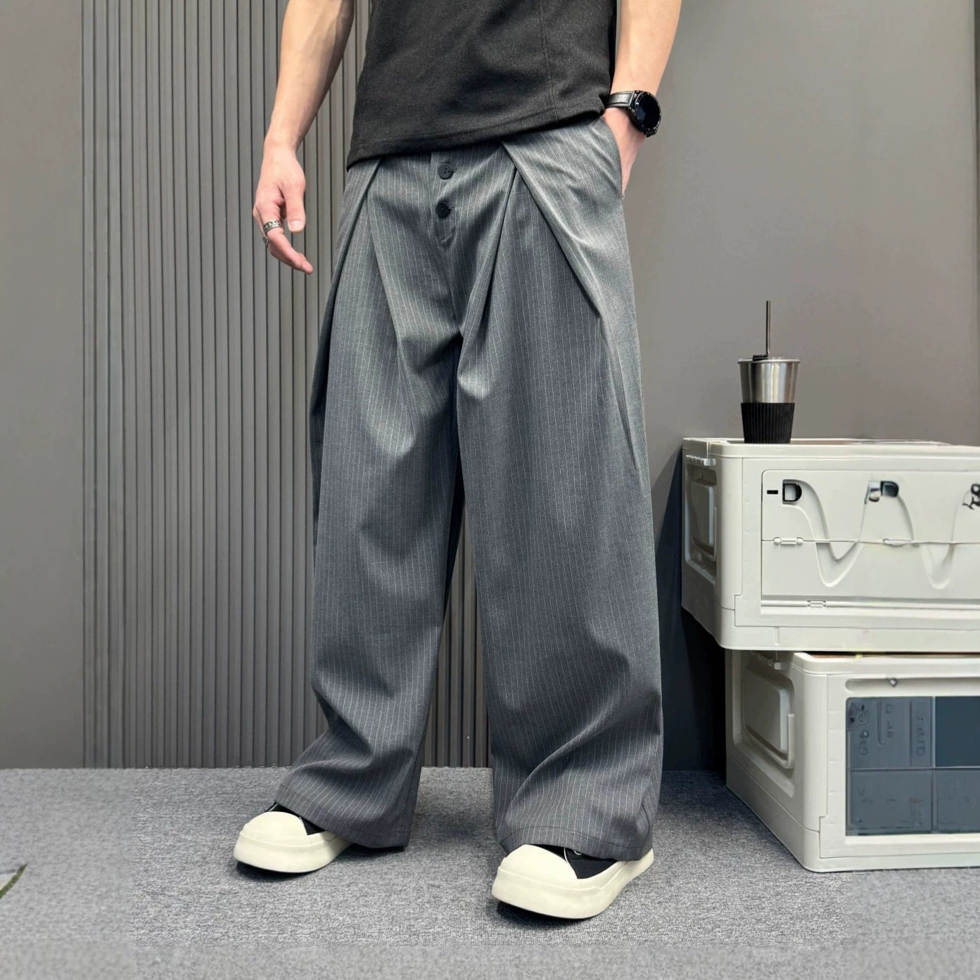 日系高街灰色条纹阔腿西裤男夏季宽松直筒垂感痞帅休闲拖地长裤