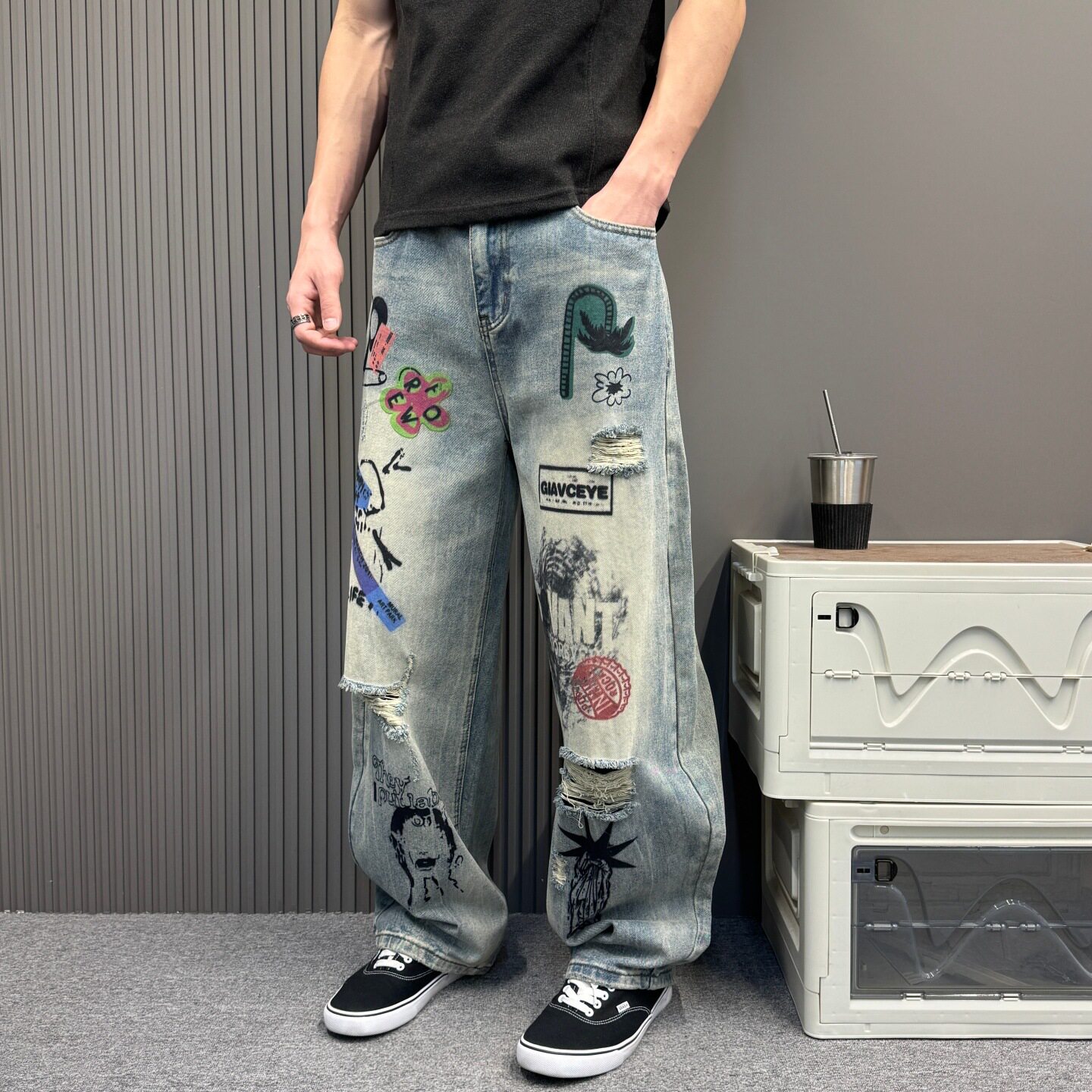 美式复古涂鸦趣味卡通直筒牛仔裤男高腰复古怀旧宽松显瘦阔腿长裤