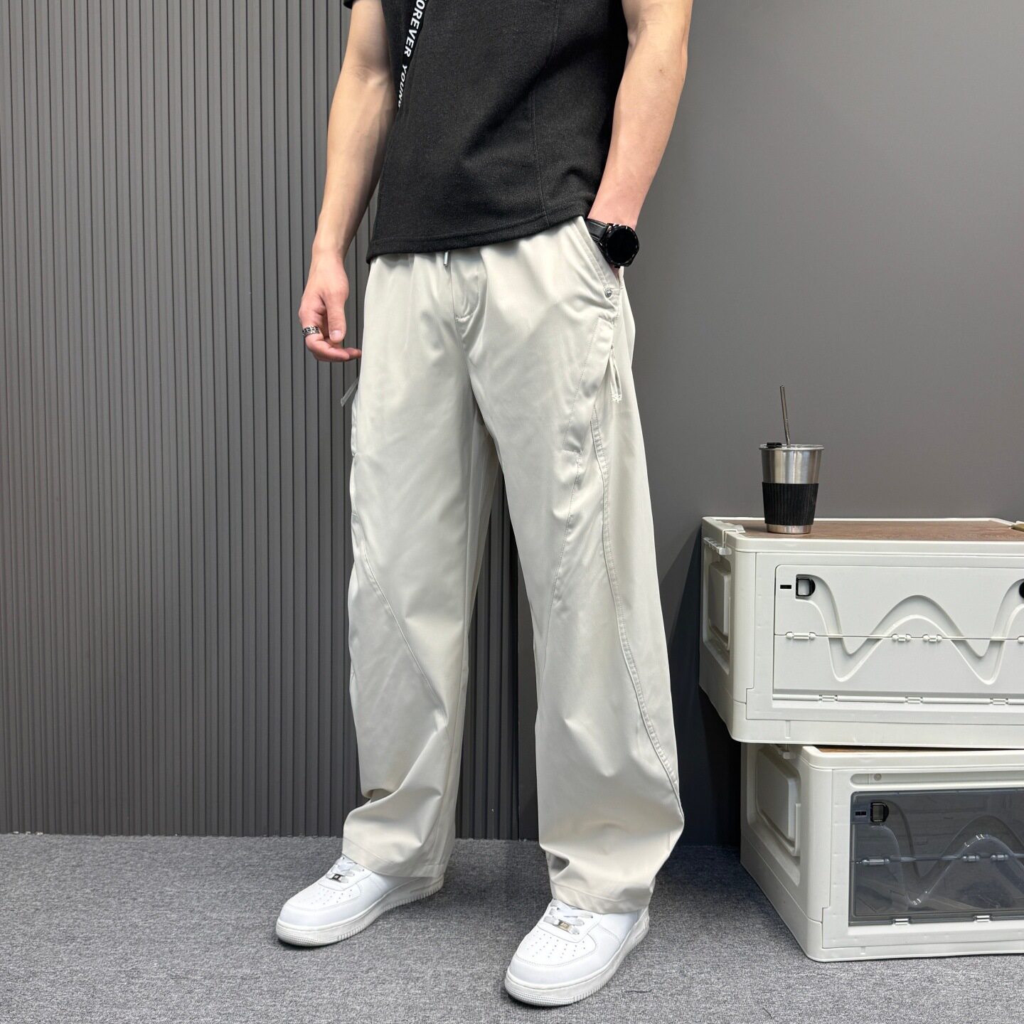日系工装松紧腰阔腿裤男夏季宽松百搭抽绳直筒有型休闲运动长裤薄